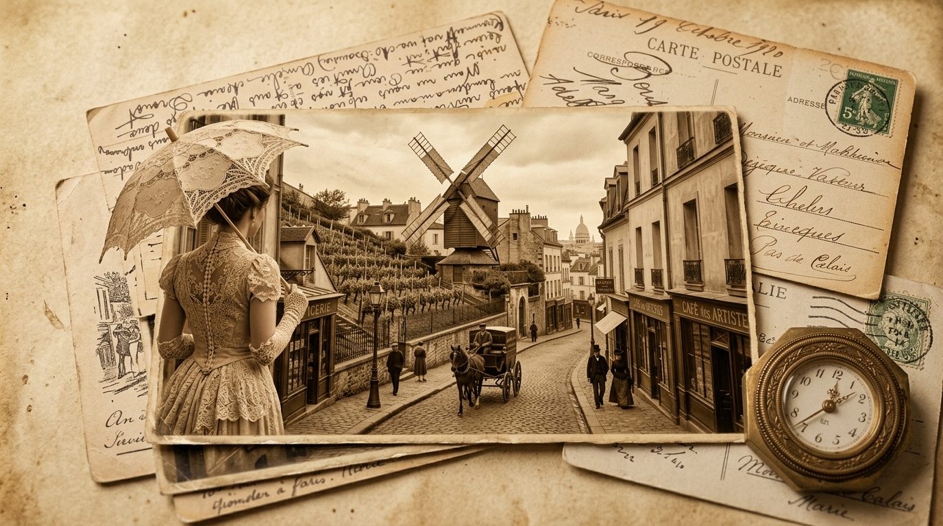 Belle Époque Montmartre illustration among old postcards