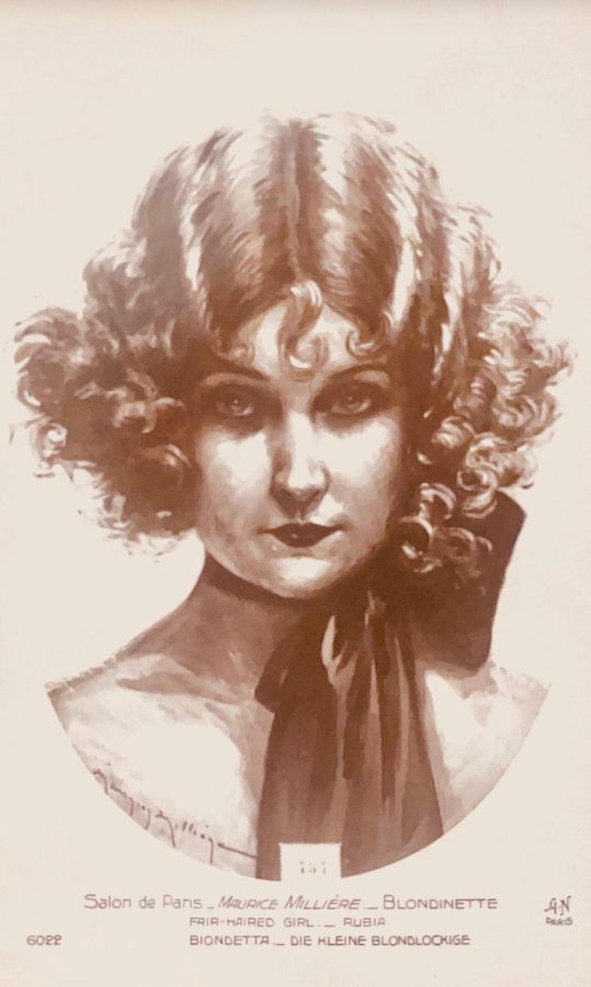 Belle Époque postcard portrait of a young woman with curls and a black ribbon